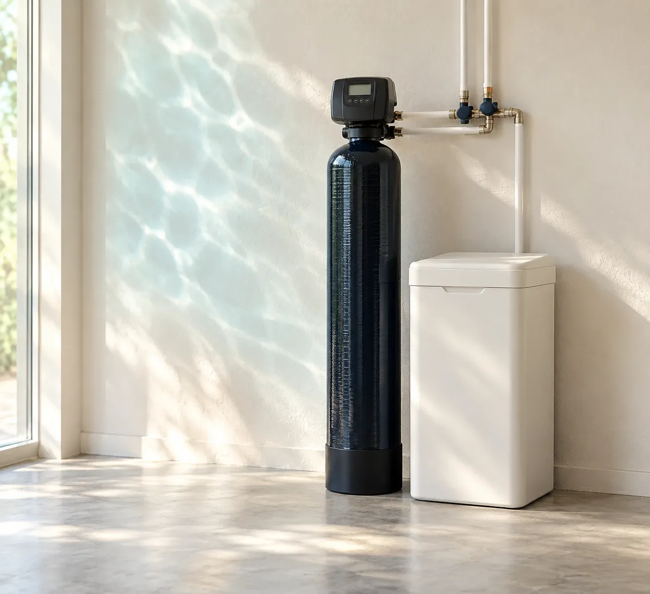 Water softener with a black mineral tank, digital control valve, and white brine tank